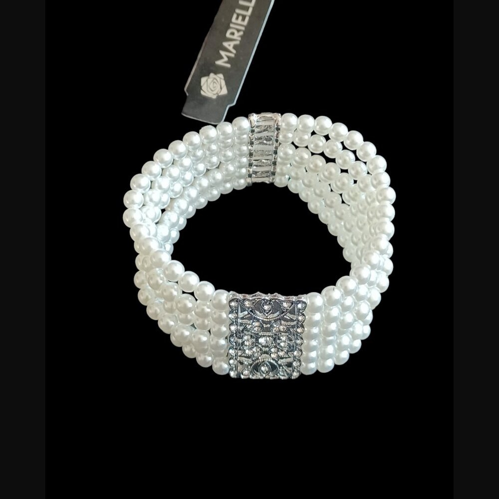 Mariell Faux Pearl Six Strand Silver Tone Ornate Design Rhinestone Bracelet OSFM